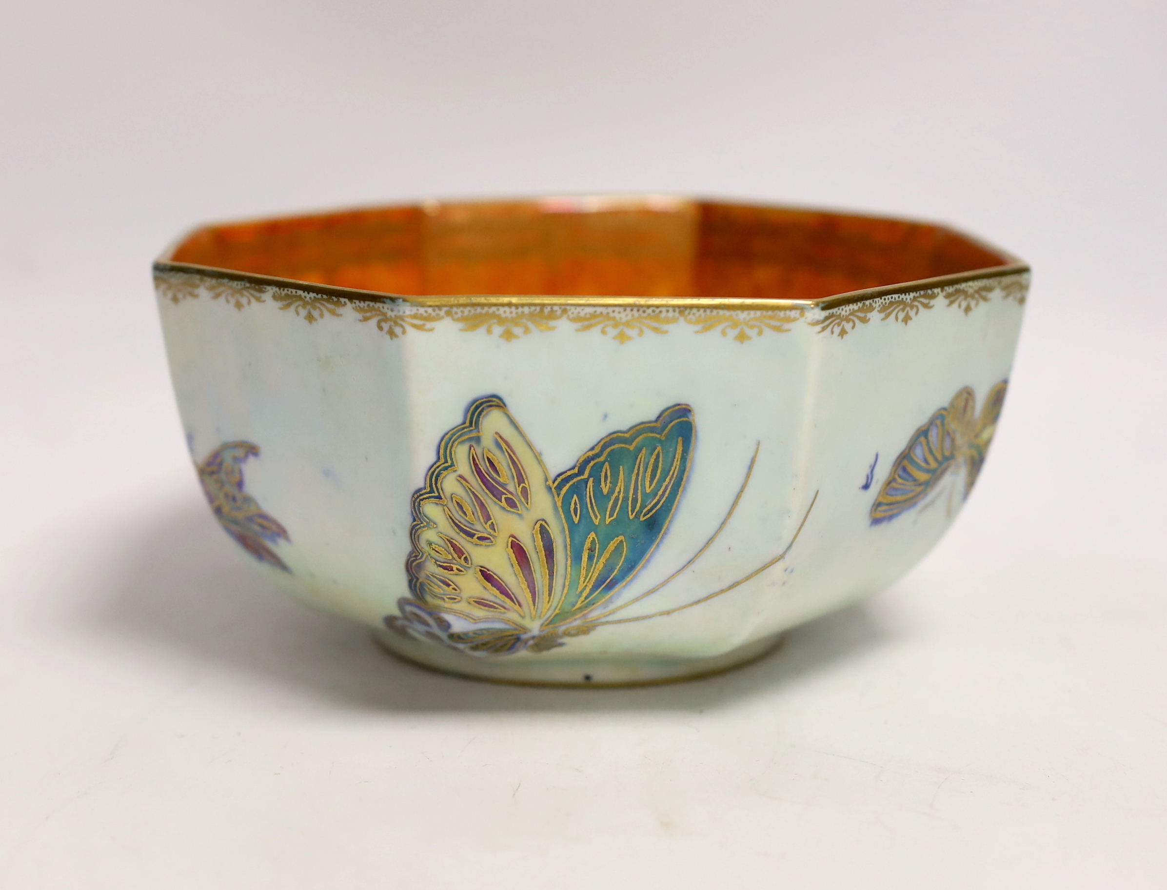 A Wedgwood ‘butterfly’ lustre octagonal bowl, decorated with butterflies, 18cm diameter